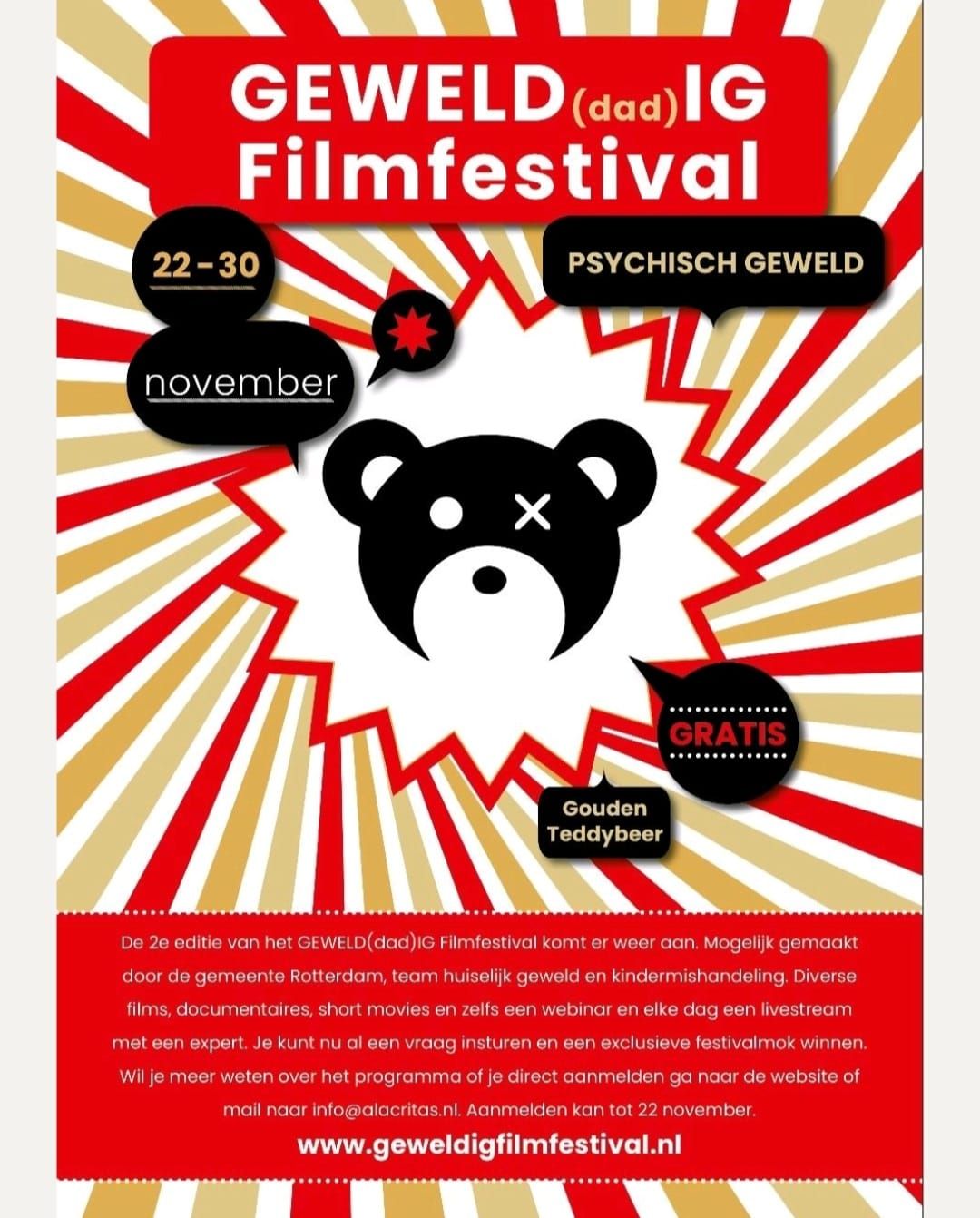 Rood-witte poster voor het Geweld Filmfestival met een zwart berengezicht en de data van het festival in november.