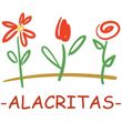 Drie eenvoudige rode en groene bloemen boven het woord "ALACRITAS".