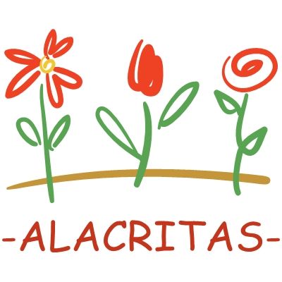 Drie eenvoudige rode en groene bloemen boven het woord "ALACRITAS".