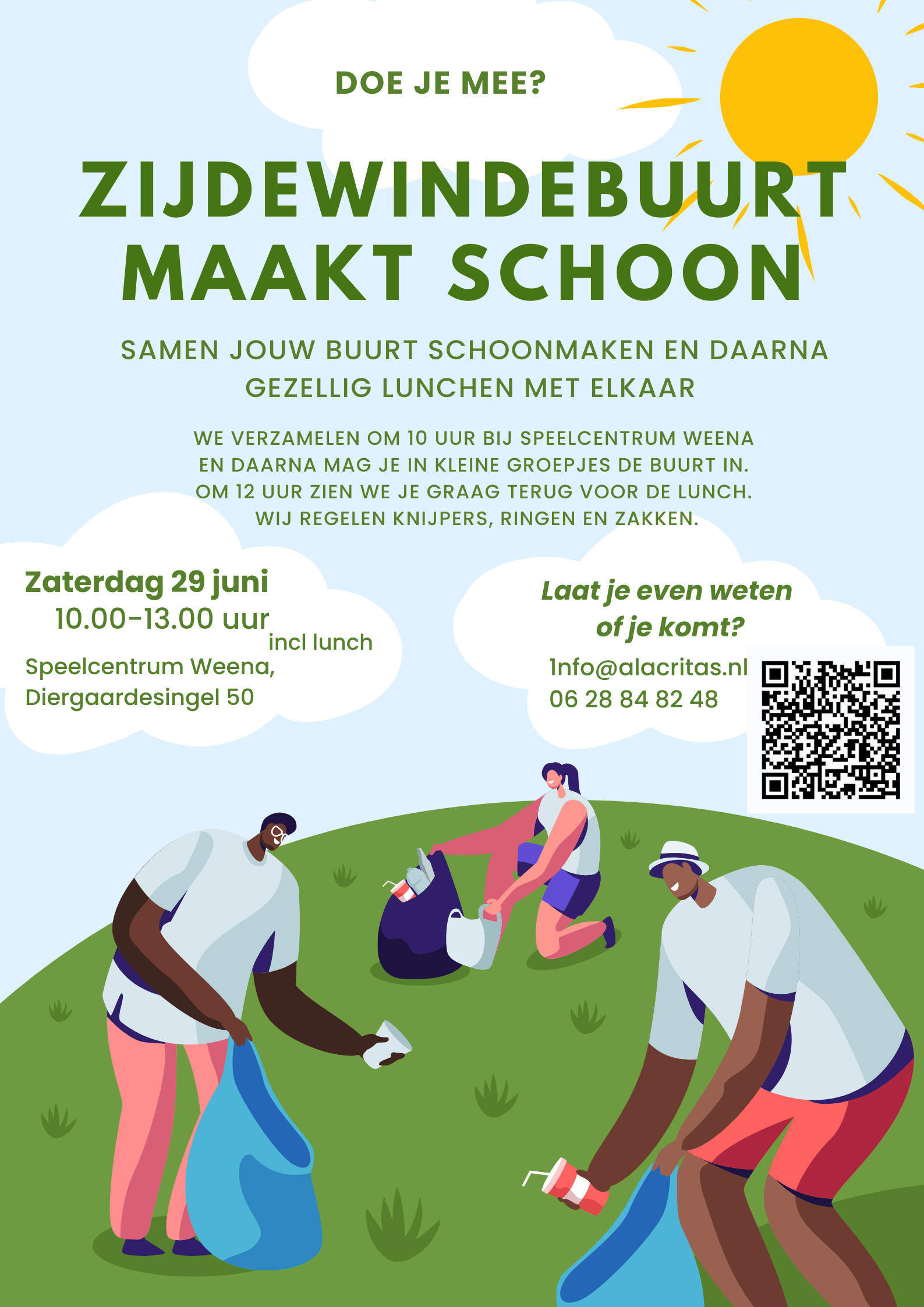 Zijdewindebuurt maakt schoon: people picking litter in a sunny park with event details and QR code.
