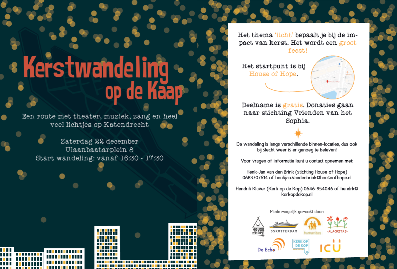 Donkergroene feestposter met de titel 