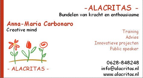 Visitekaartje voor ALACRITAS met oranje bloemen, Nederlandse tekst en contactgegevens van Anna-Maria Carbonaro