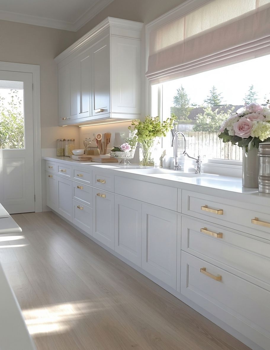 Bright white kitchen with long counter, gold handles, flowers, and sunlight through a window