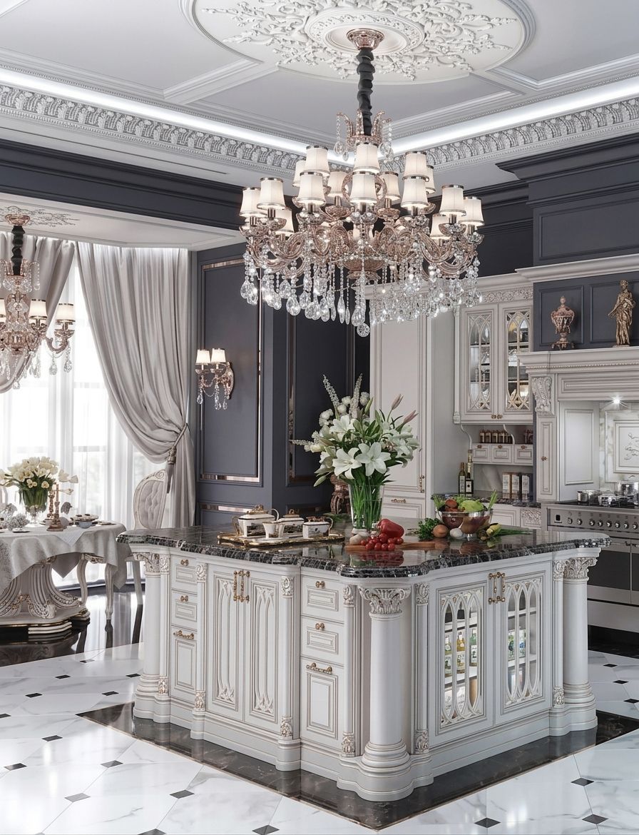 Elegant gray-and-white kitchen with ornate island, crystal chandelier, and marble floor