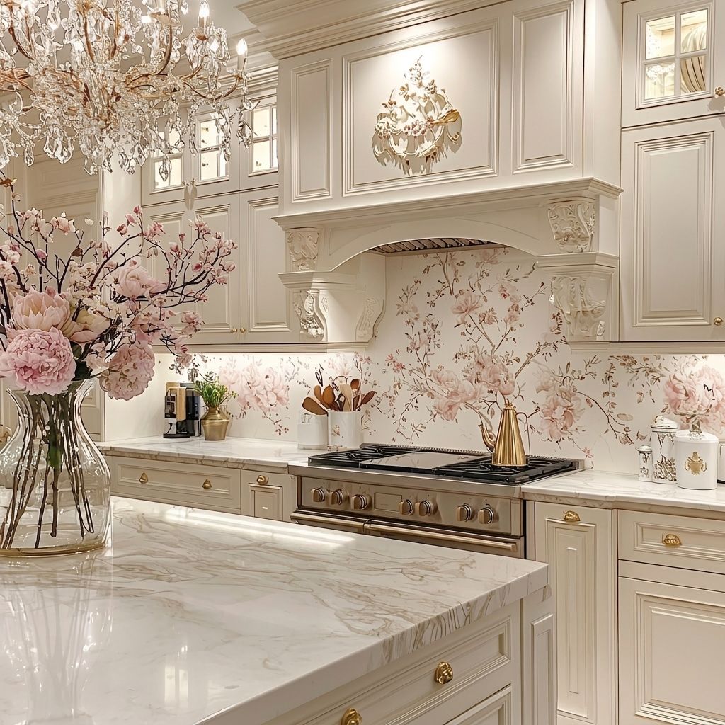 Elegant cream kitchen with marble island, gold accents, and pink floral decor near the stove.
