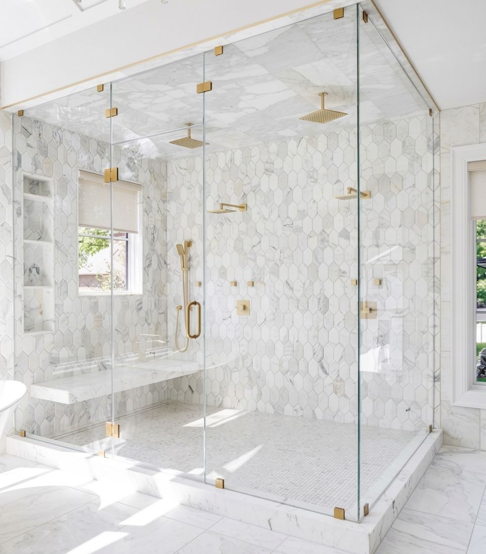 Bright marble bathroom with a glass-enclosed shower and brass fixtures, lit by sunlight.