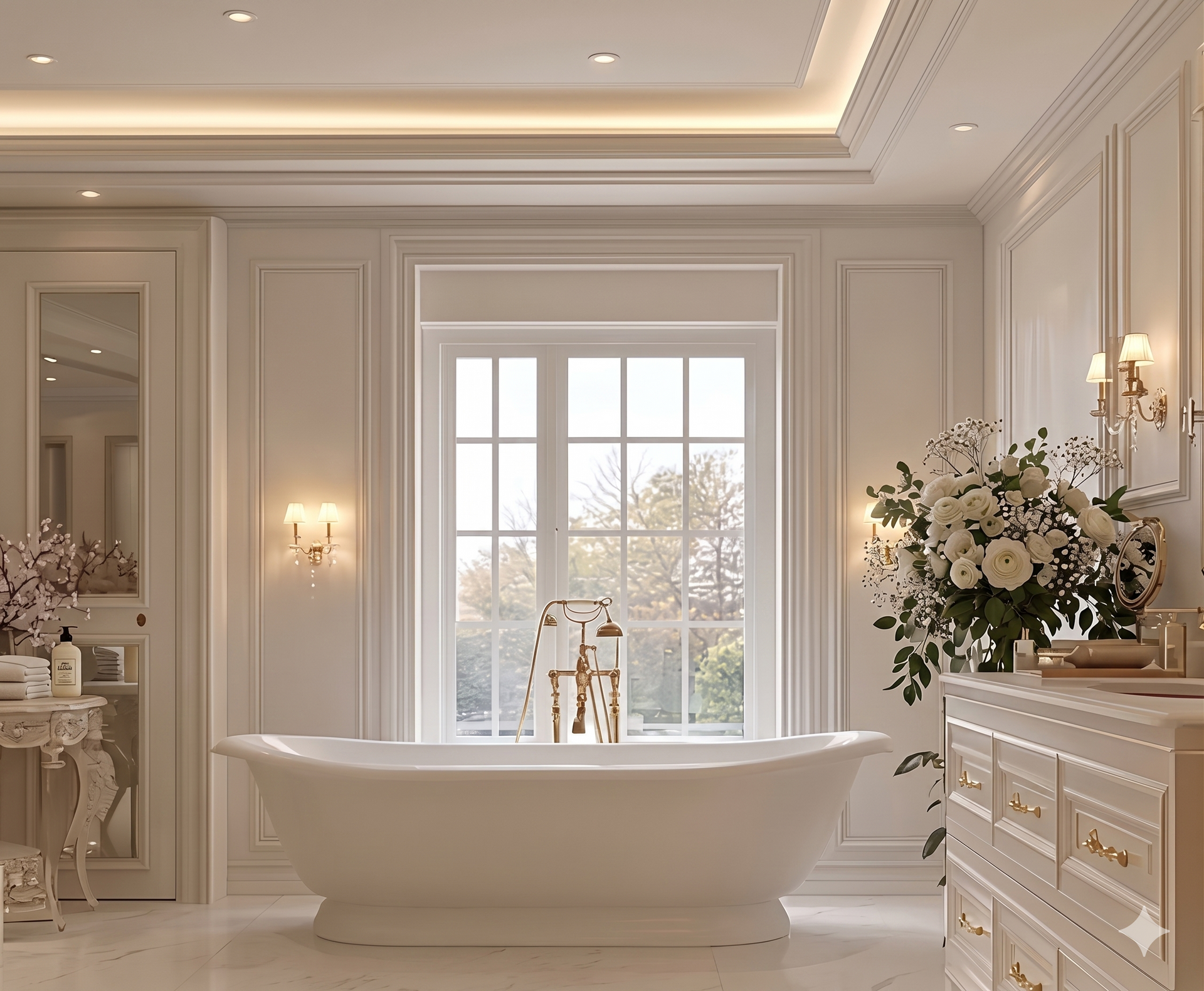 Elegant marble bathroom with freestanding tub, large window, chandelier, and floral arrangements