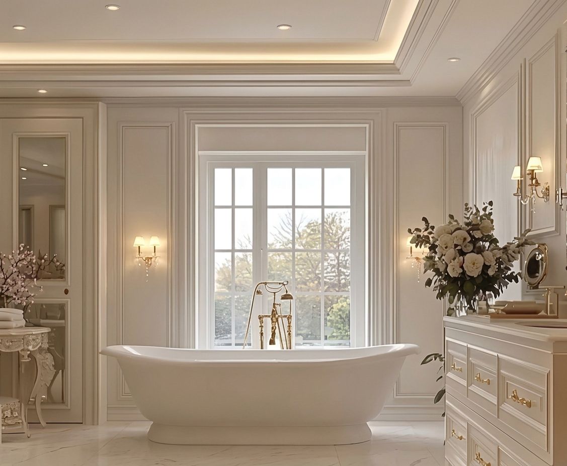 Elegant cream bathroom with a freestanding tub, large window, wall sconces, and a floral dresser display