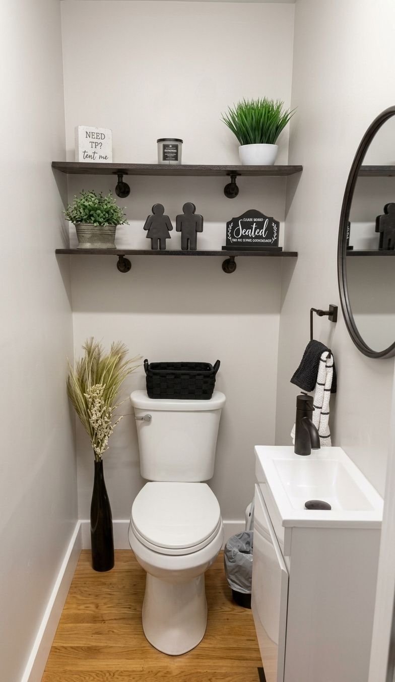 Small bathroom with toilet, black shelves, plants, and a round mirror on the wall.