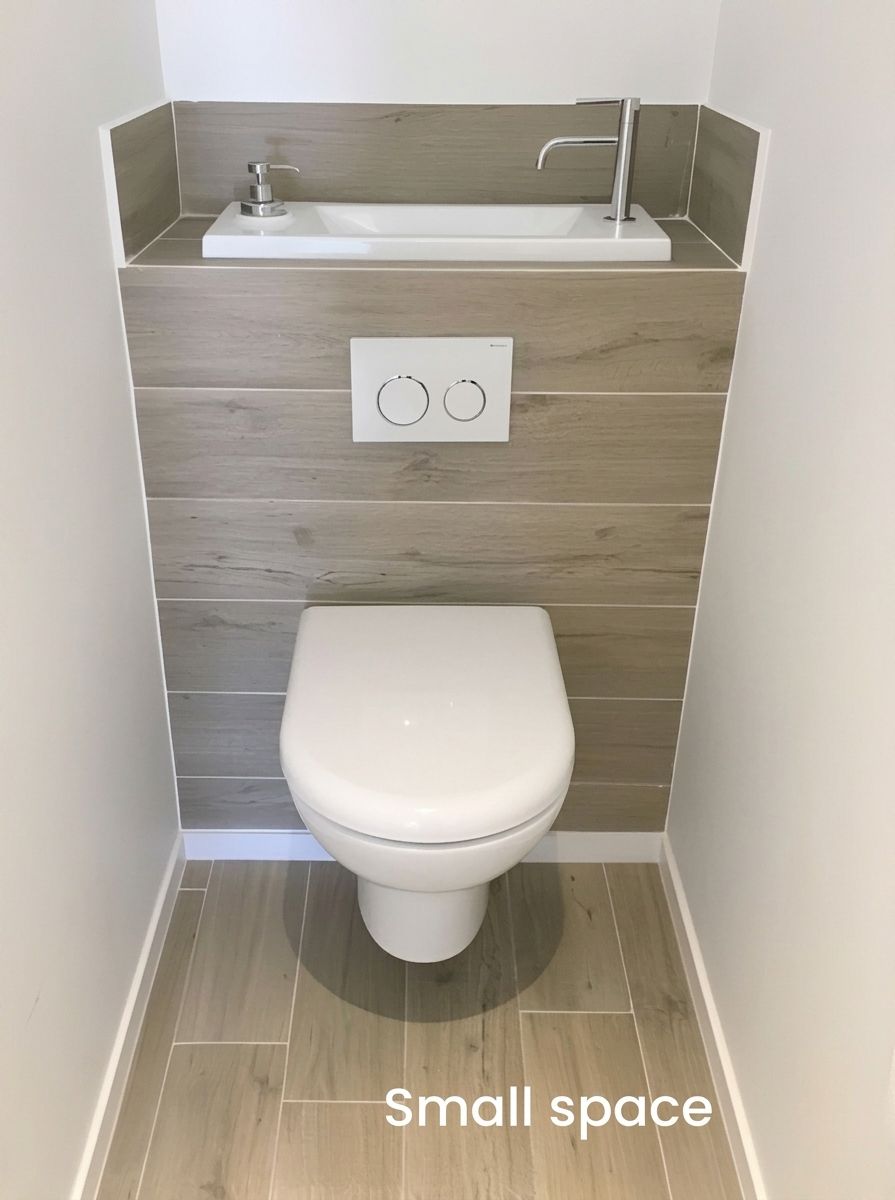 Small bathroom with toilet and compact sink, labeled “Small space”