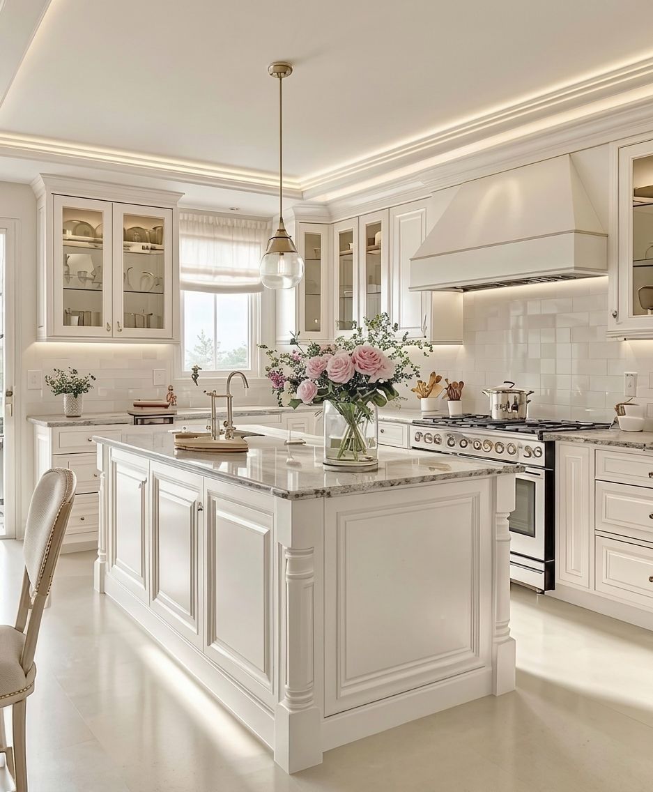 Elegant white kitchen with marble island, floral centerpiece, and ornate cabinetry in soft natural light