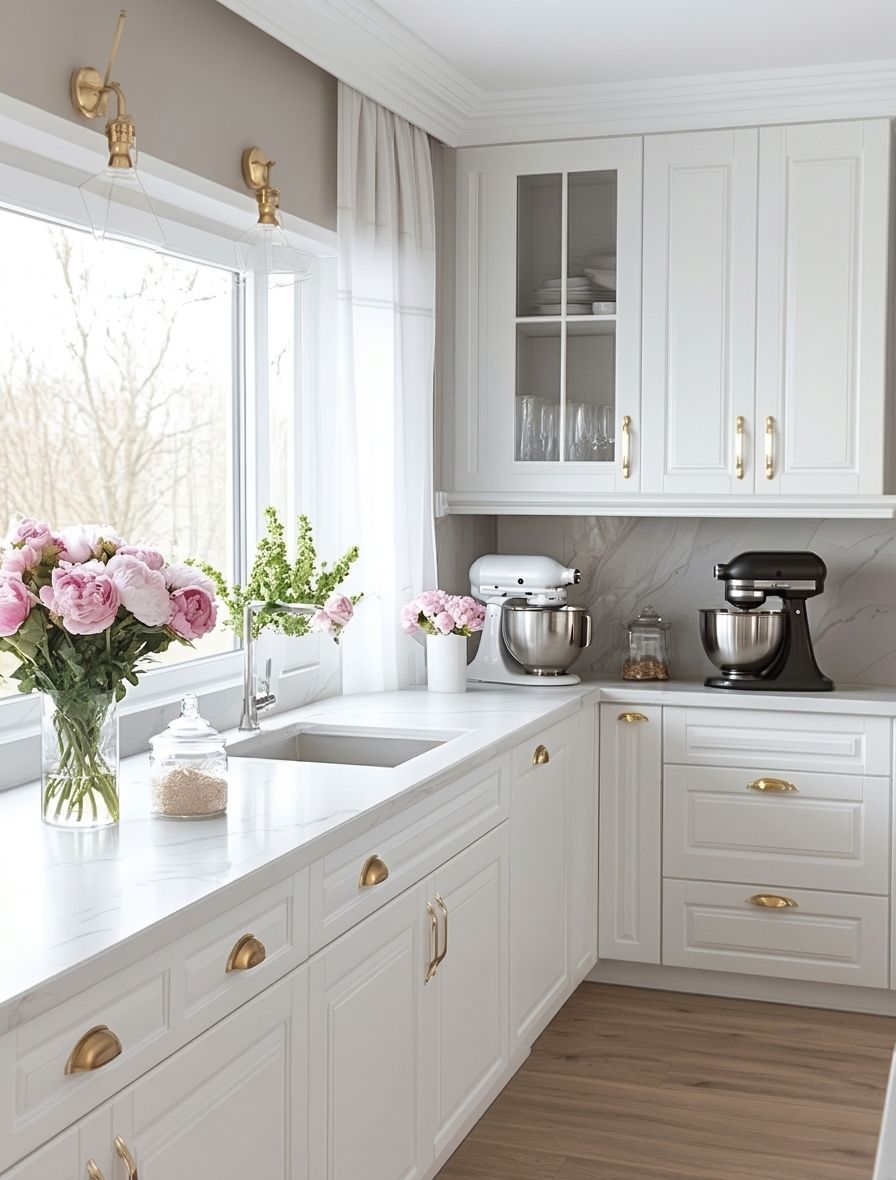 Bright white kitchen with flowers on the windowsill and a coffee maker on the counter