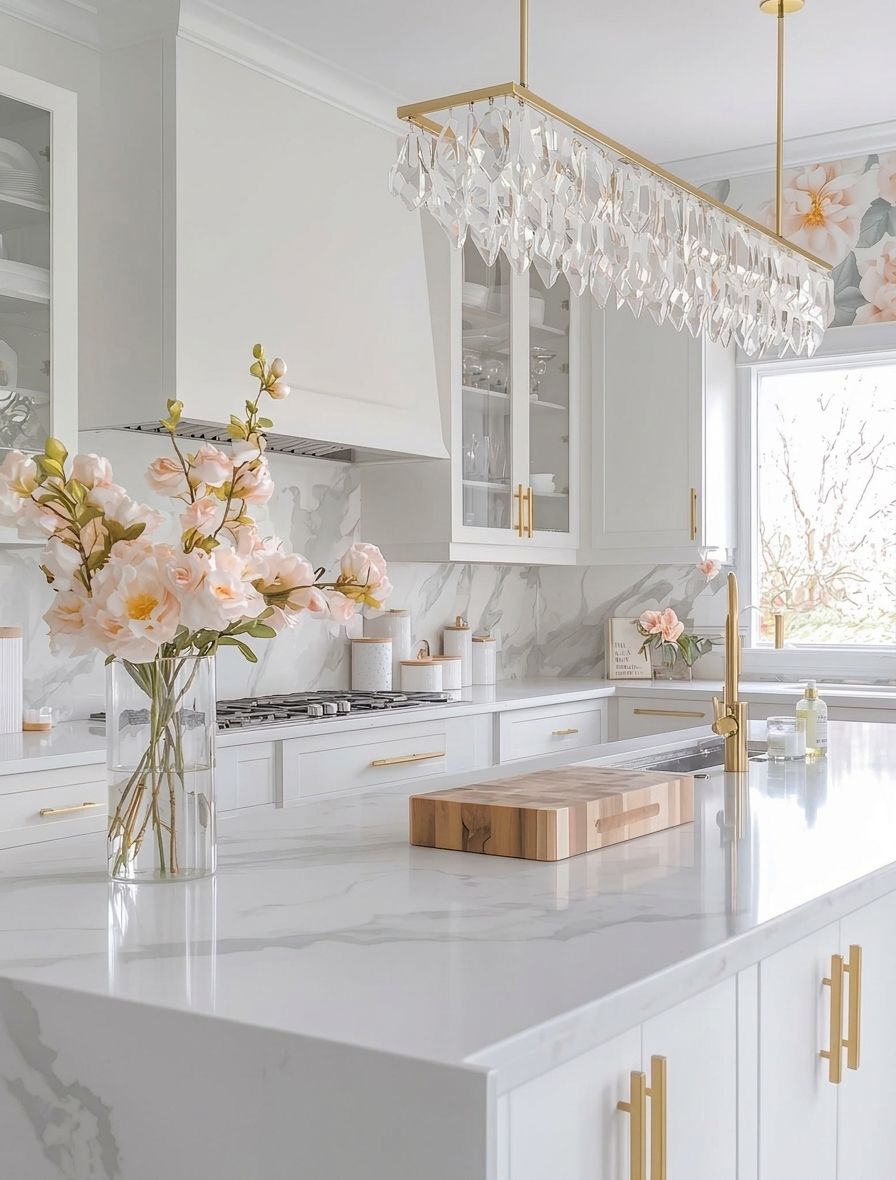 Bright modern kitchen with white marble island, gold accents, crystal chandelier, and floral arrangements