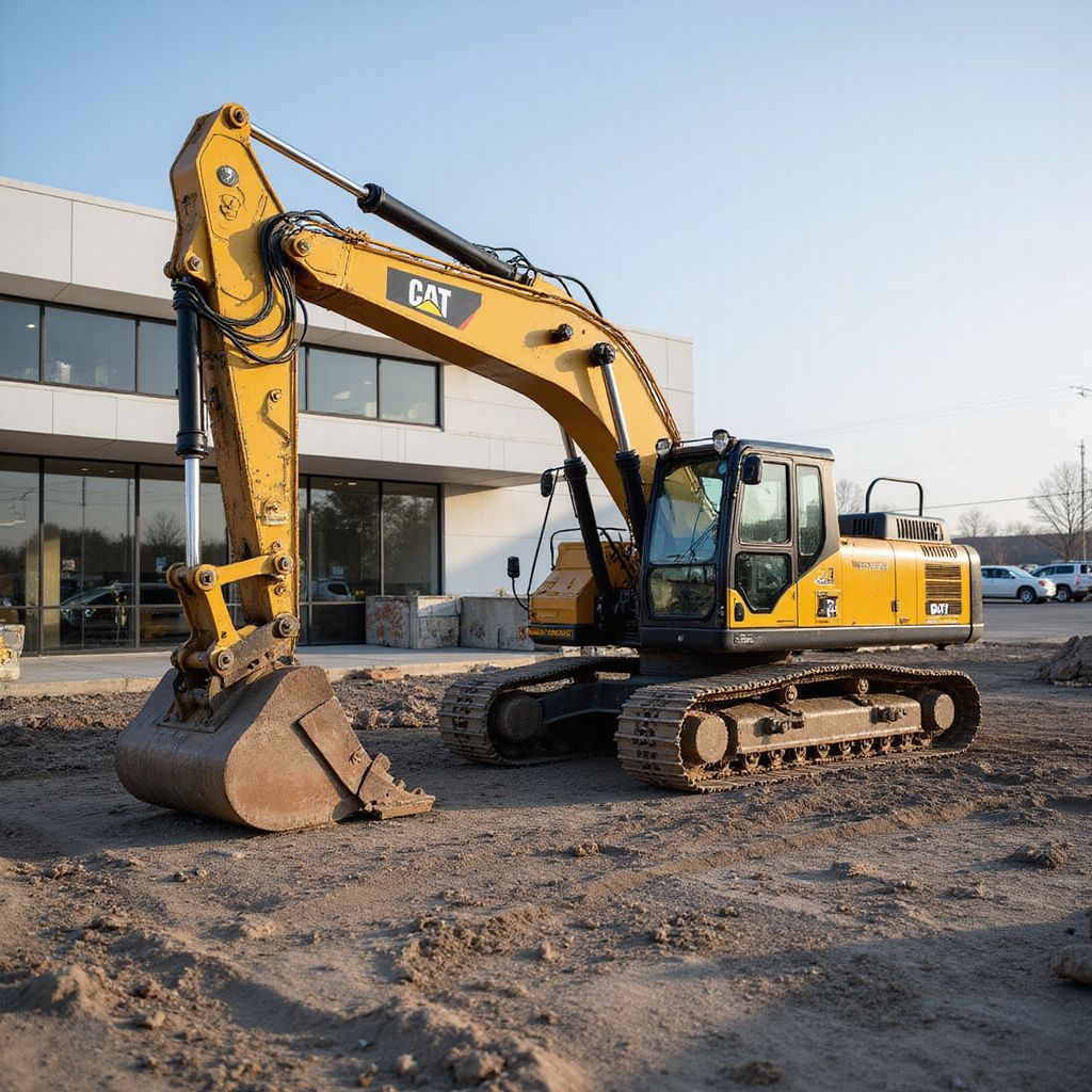 Yellow Caterpillar excavator on a construction site, near a building.
