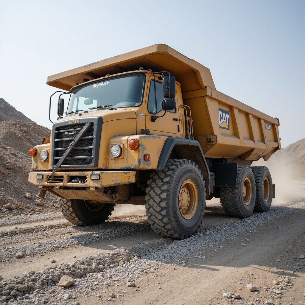 Yellow Caterpillar dump truck driving on a gravel road in a quarry.