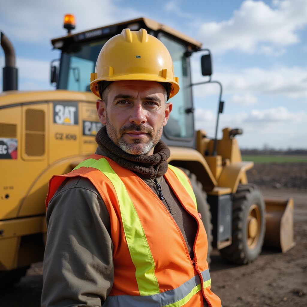 Man in safety vest and hard hat stands in front of a yellow construction vehicle on a construction site.