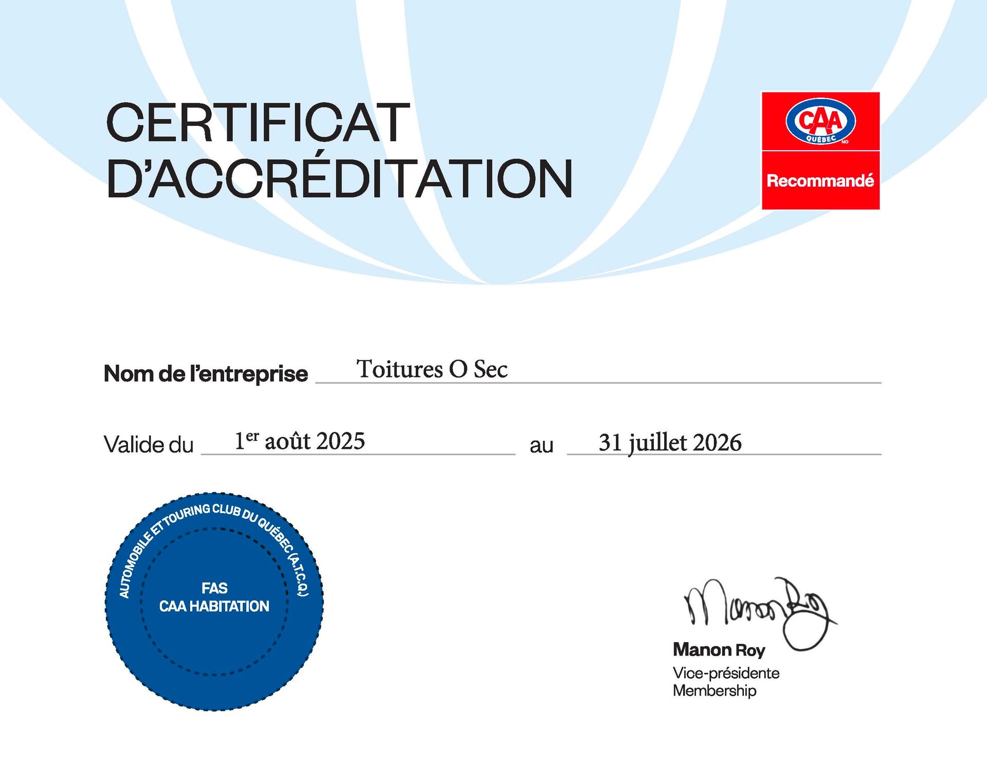 A certificate that says certificat d' accreditation on it