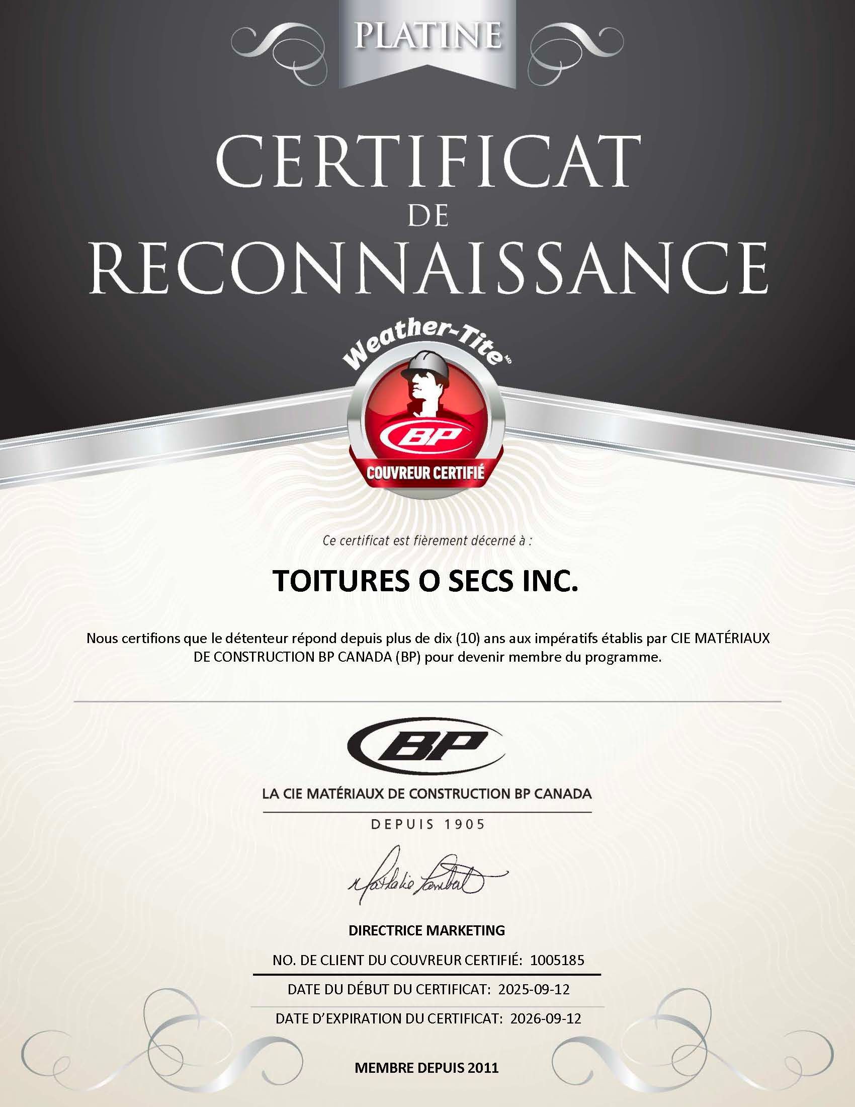 A certificate that says ' certificat de reconnaissance ' on it