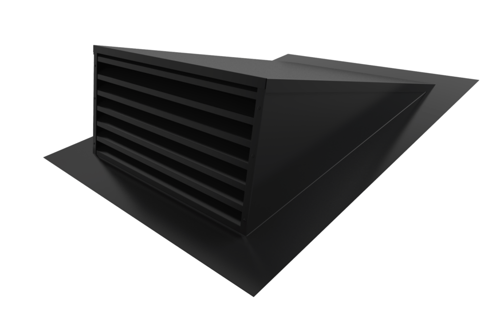 Un évent de toit noir repose sur une surface blanche.