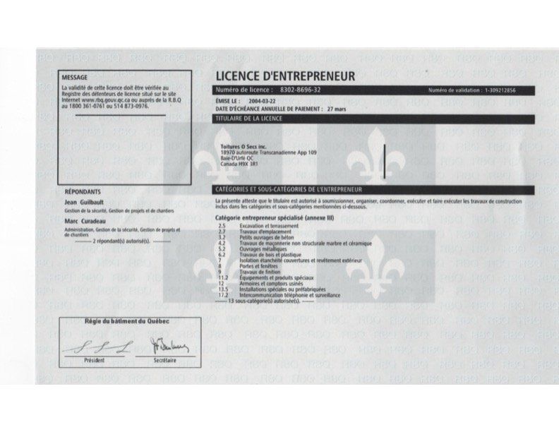 A piece of paper that says licence d' entrepreneur on it