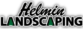 Helmin Landscaping logo with black script text and green-and-black block lettering