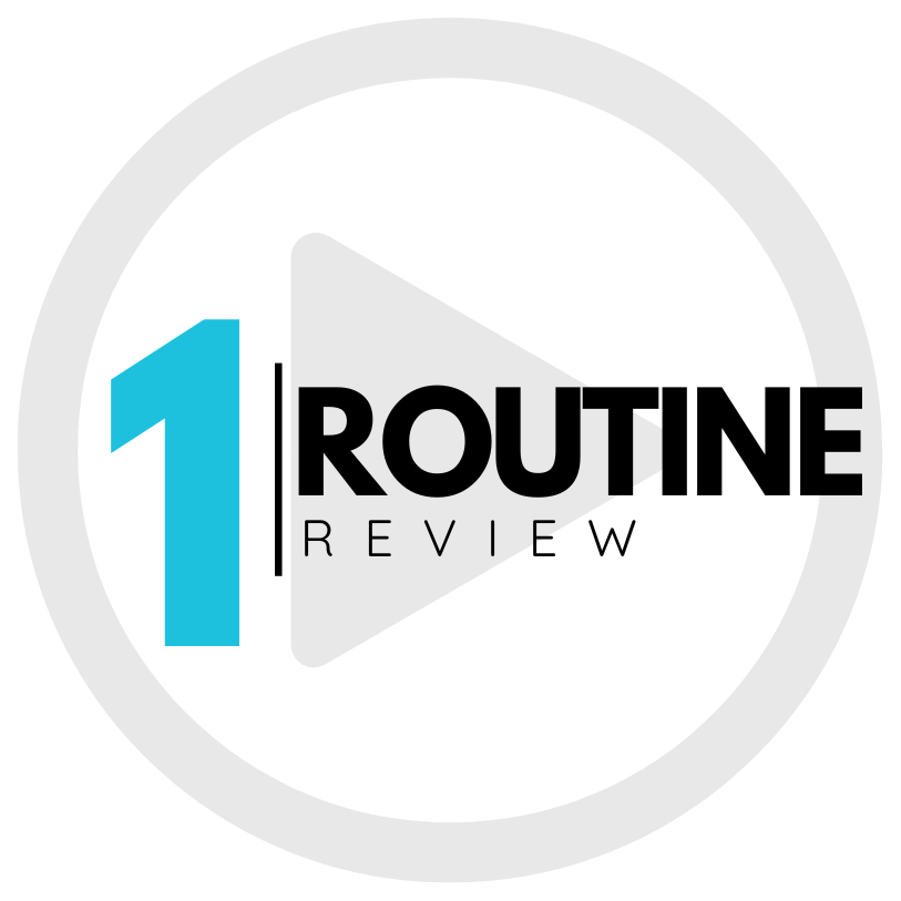 1 Routine Review logo with turquoise “1,” black text, and gray play button inside a circular ring