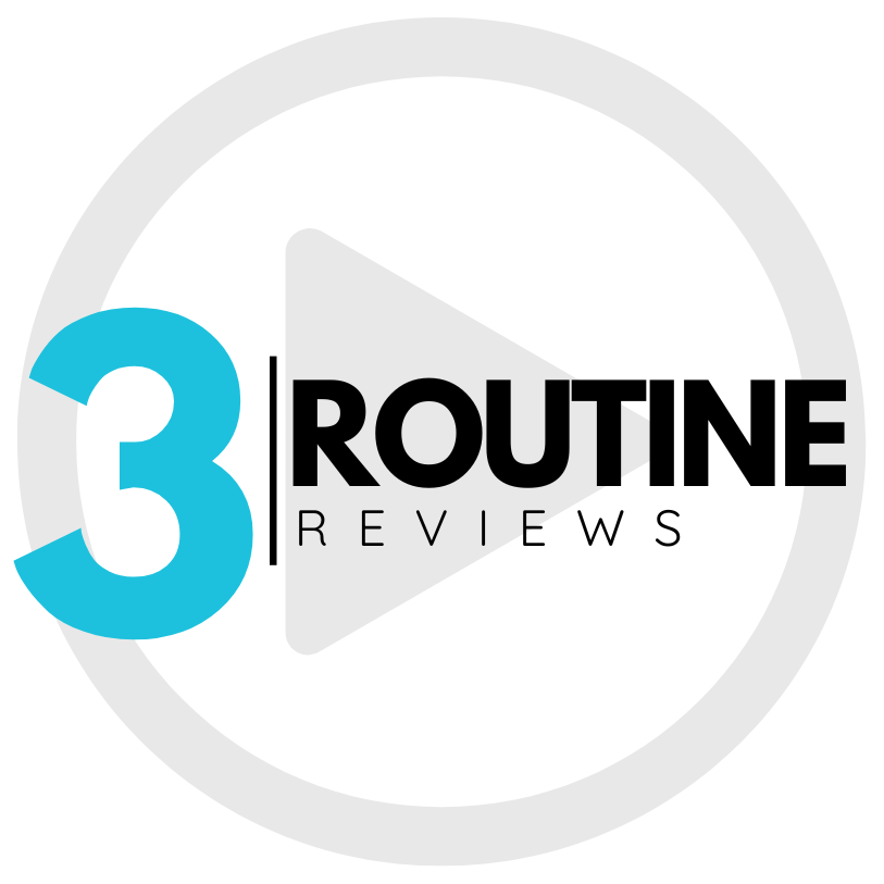 3 Routine Reviews logo with turquoise number 3, black text, and a gray play button circle