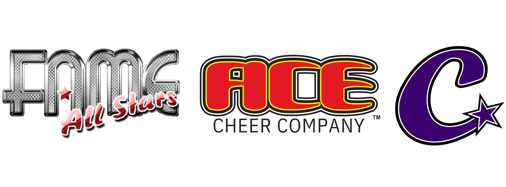 Logo collage for FMC Cheer and Ace Cheer Company in silver, red, and purple text