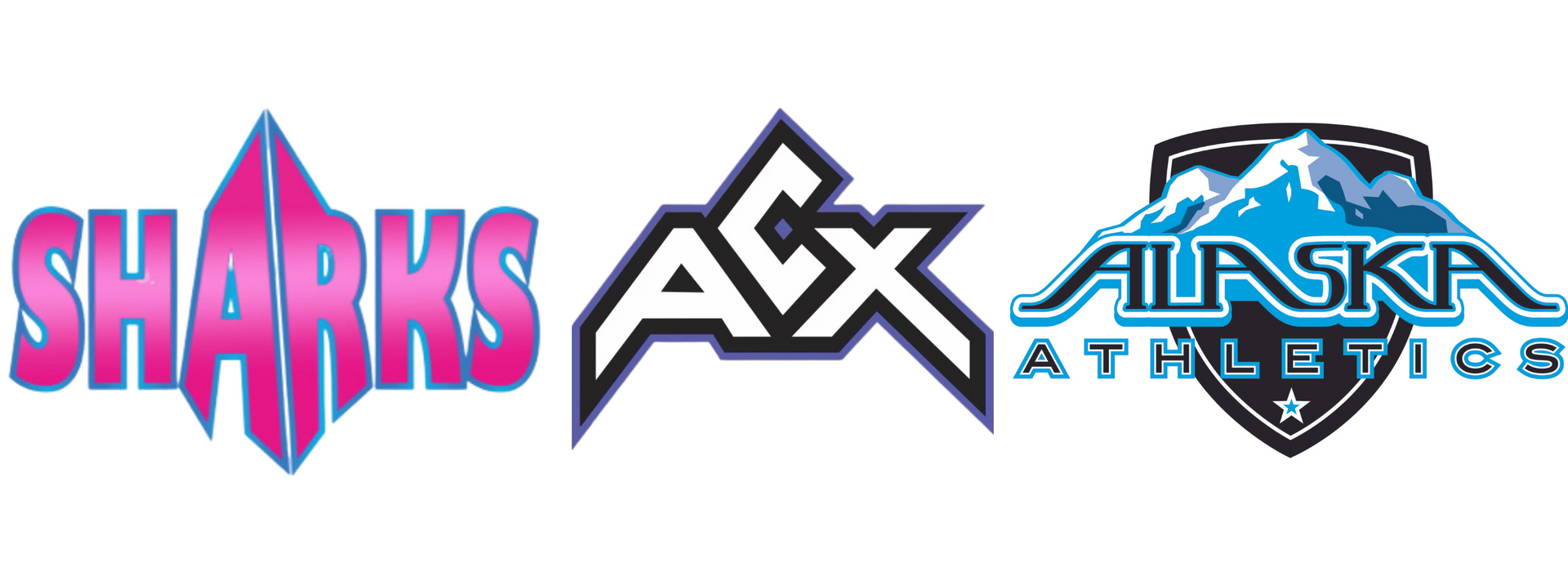 Three hockey team logos on white: Sharks, AX, and Alaska Aces.