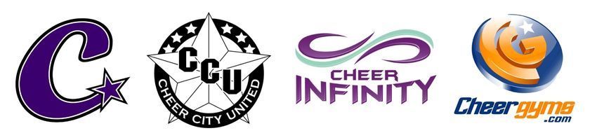 Four cheerleading team logos in purple, black, and orange, including “Cheer Infinity” and “Cheer Gyms”