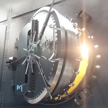 Open bank vault door with bright light shining from inside