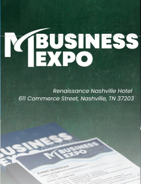 Business Expo poster on a green background, with Renaissance Nashville Hotel address and brochures below