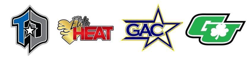 Four sports team logos in a row: blue-gray shield, Miami Heat, GAC, and green GT logo