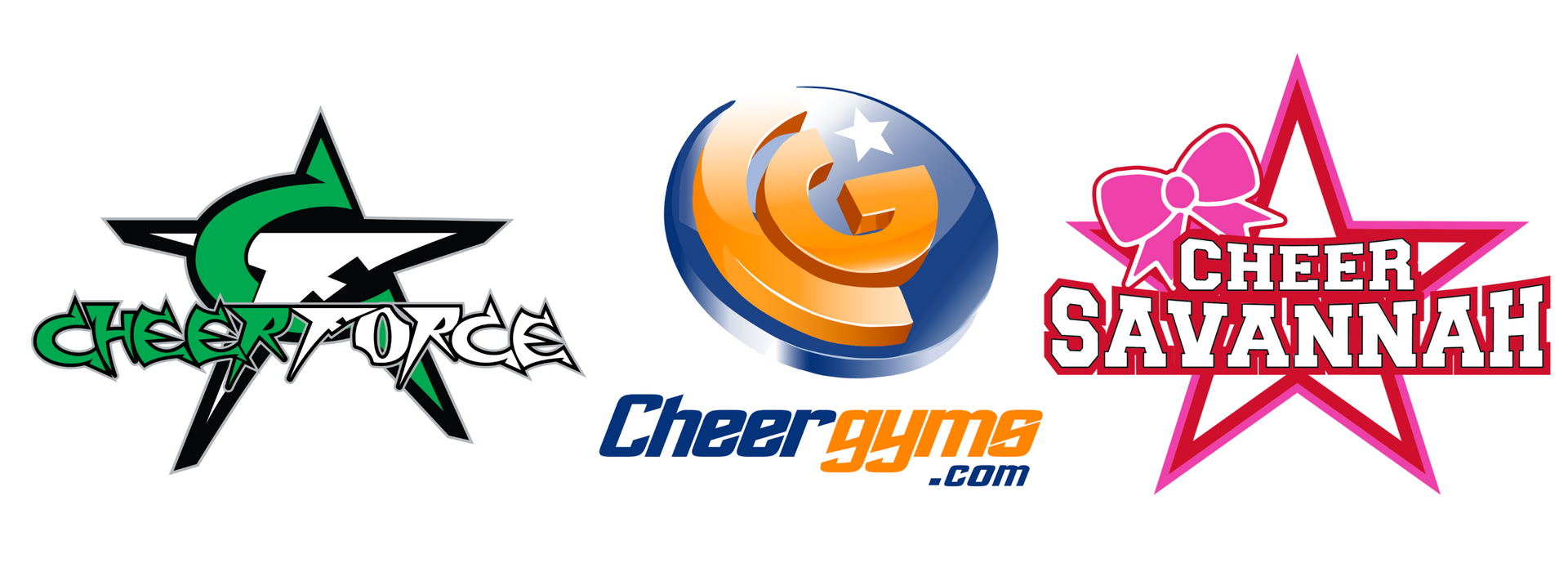 Three cheerleading logos in green, blue, orange, and pink on a white background