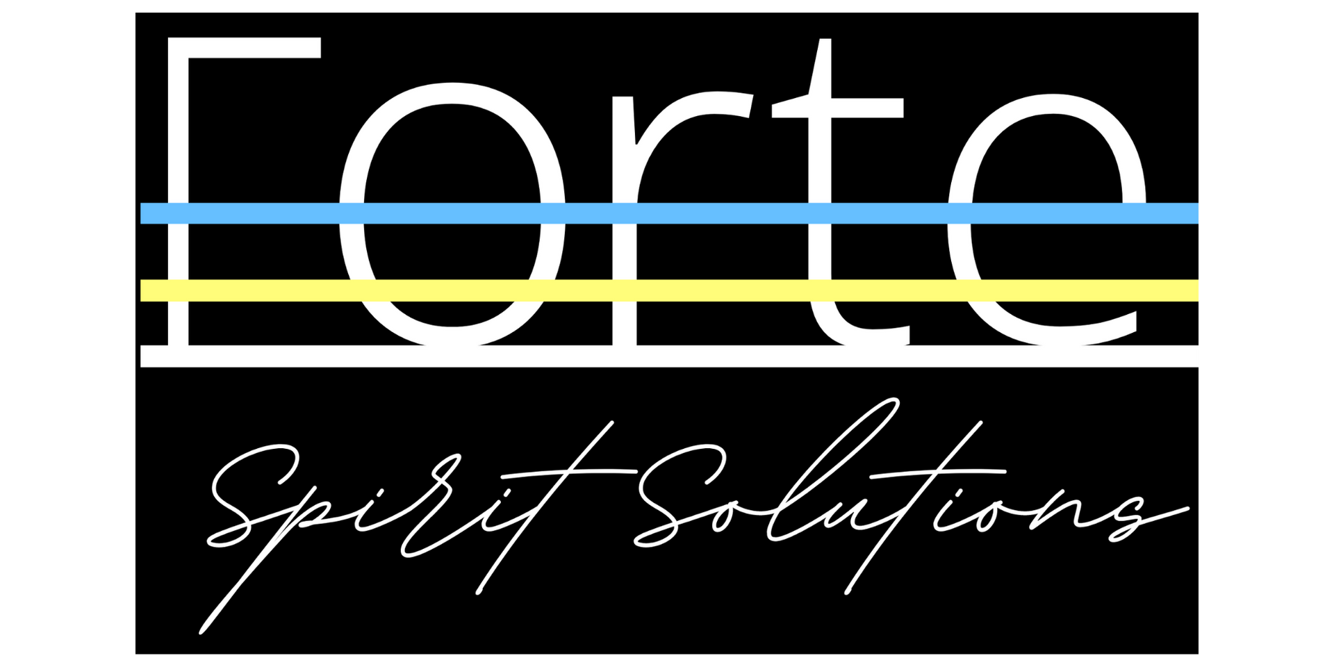Logo reading “Forte Spirit Solutions” in white script and text on a black background with blue and yellow lines.