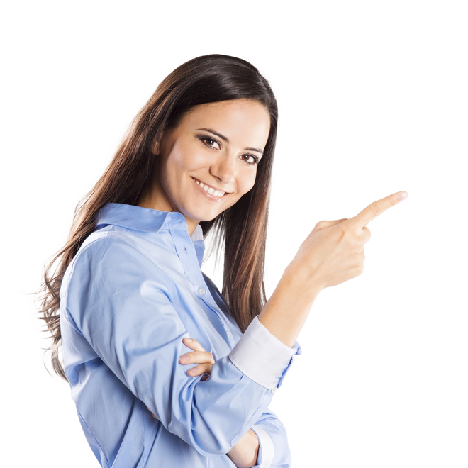 Smiling woman in a blue shirt pointing to the right on a white background