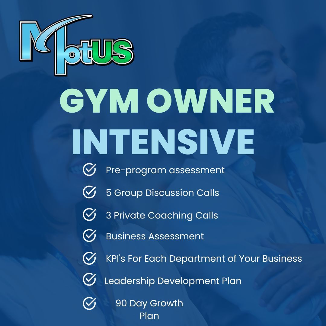 Blue promo poster for “GYM OWNER INTENSIVE” with checklist of coaching and business support items