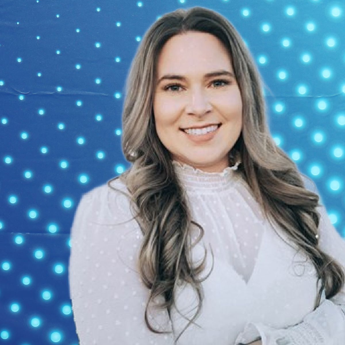 Smiling woman with long hair in a white blouse against a blue digital-dot background