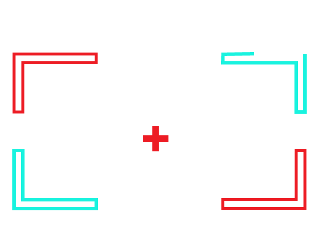 Four colored corner brackets around a red plus sign on a white background