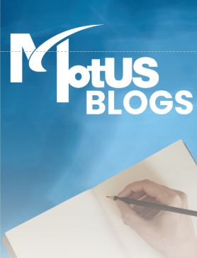 MotUS Blogs logo over blue background with a hand writing in a notebook
