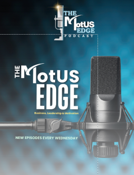 The Motus Edge podcast cover with a microphone on a blue background and text about new weekly episodes
