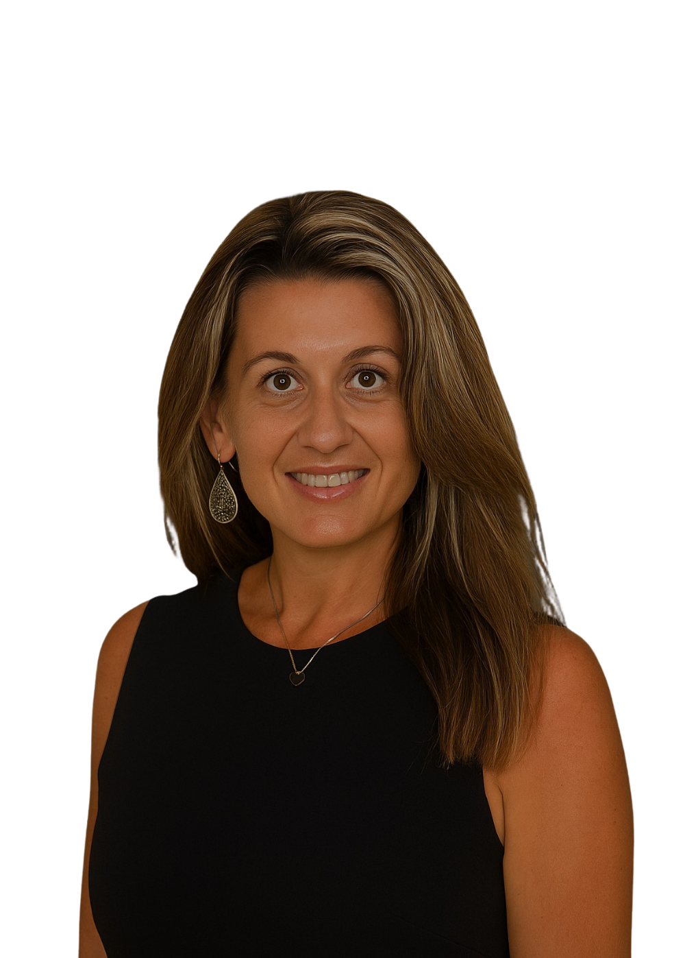 Smiling woman with long brown hair in a black sleeveless top against a white background