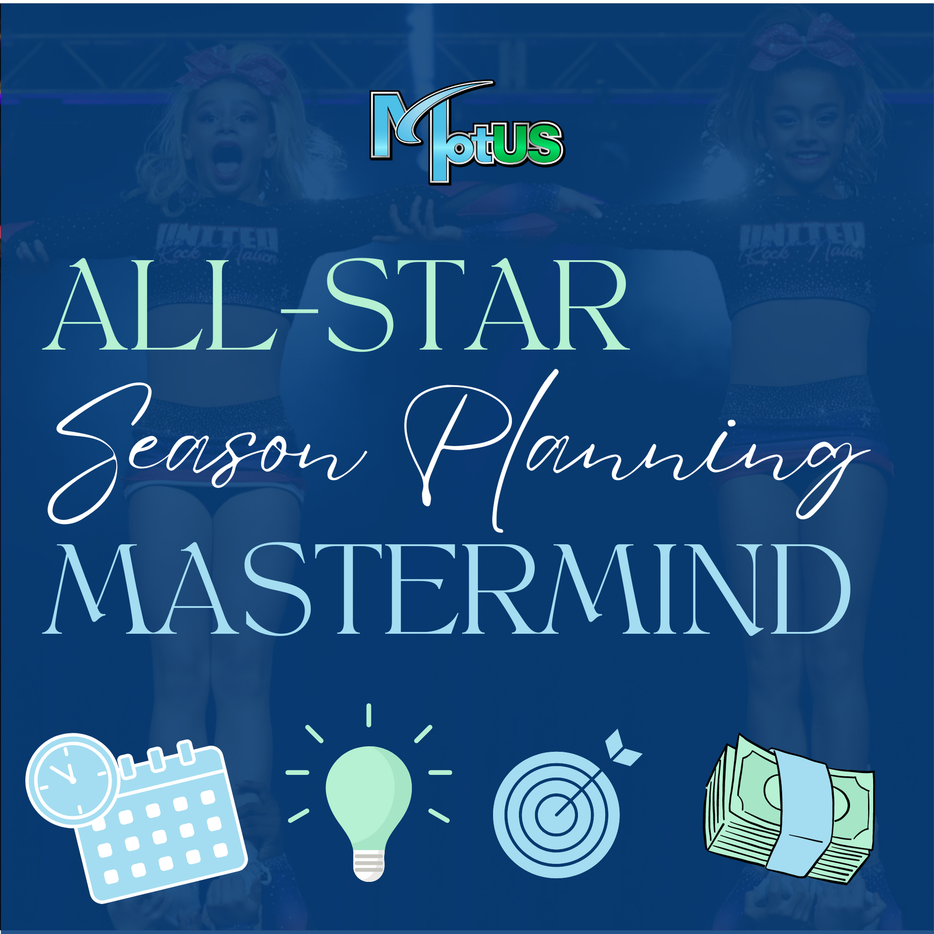 Blue promotional graphic for MTV Plus “All-Star Season Planning Mastermind” with calendar, lightbulb, target, and cash icons