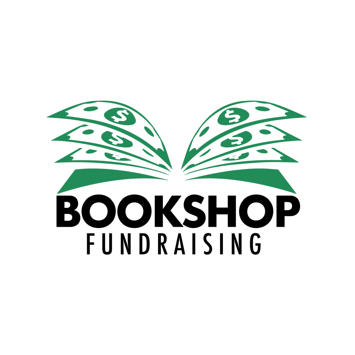 Bookshop Fundraising logo with green dollar bills forming an open book