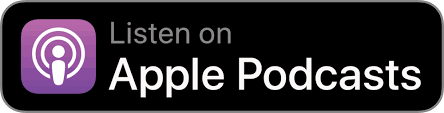 “Listen on Apple Podcasts” badge with purple podcast icon on a black rounded rectangle.