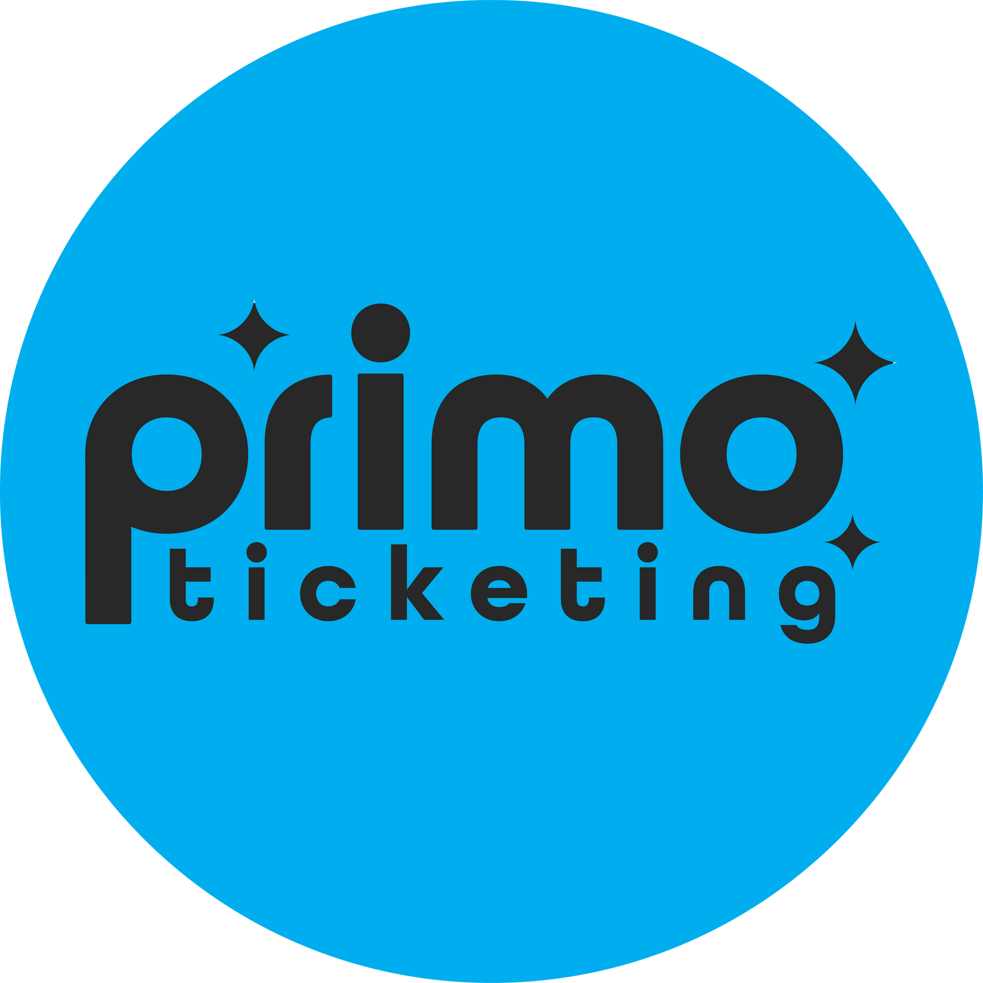 Primo Ticketing logo: black text with stars on a bright blue circle