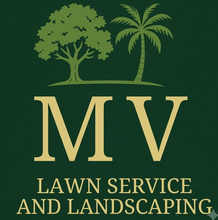 Logo for MV Lawn Service and Landscaping with green trees and palm on dark background