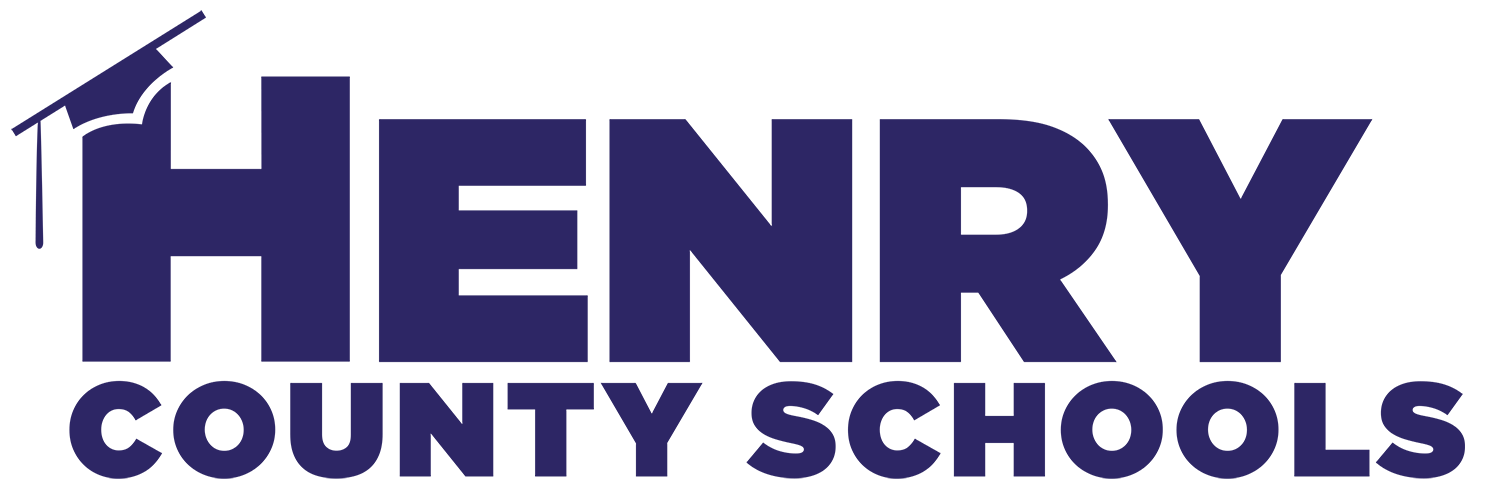 Henry County Schools logo in navy blue and purple with a house-roof icon