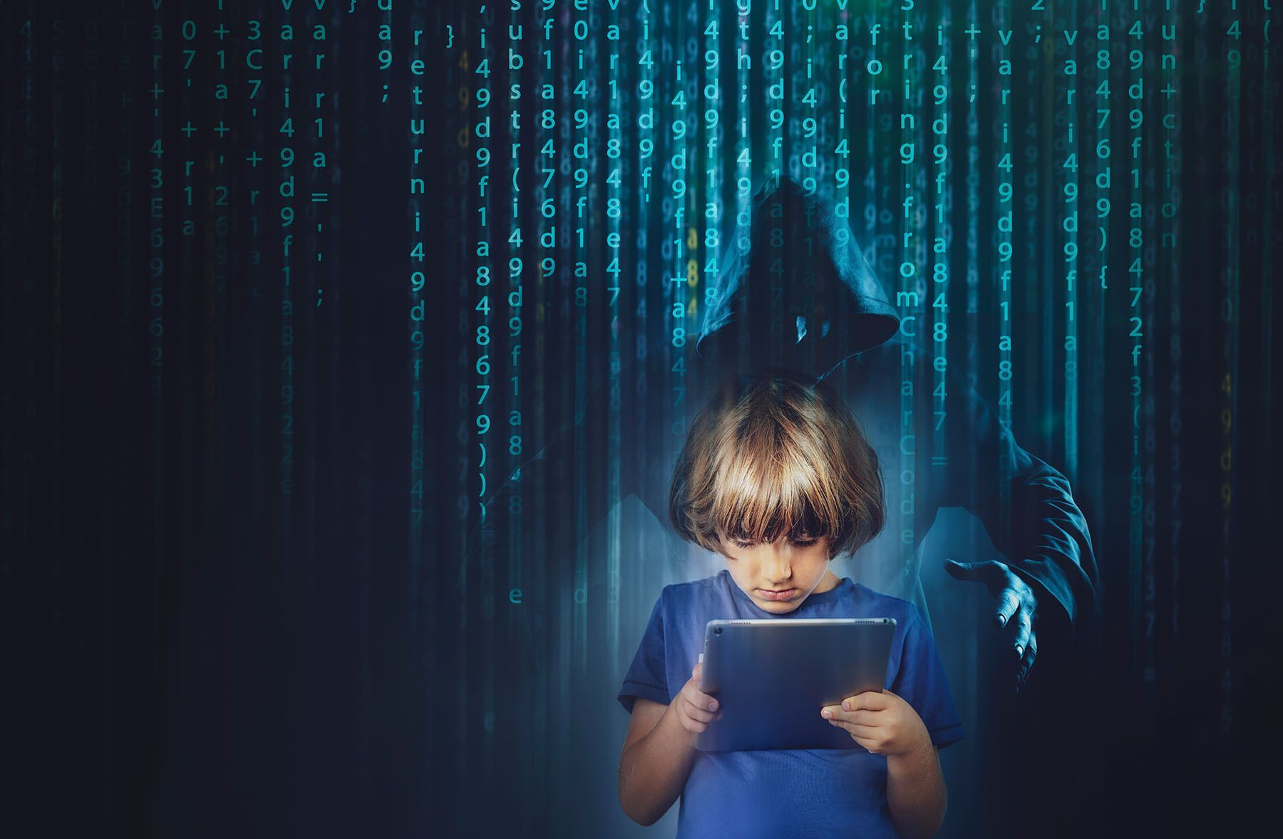 Child in blue shirt using a glowing tablet, with a shadowy figure and digital code in the background.