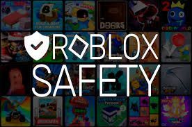 Roblox Safety banner with white shield icon over a colorful grid of game thumbnails